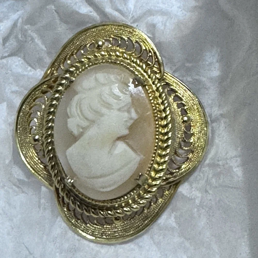 Vintage Gold Toned Cameo Brooch Classical Lady Filigree‎ Frame Victorian Pin
